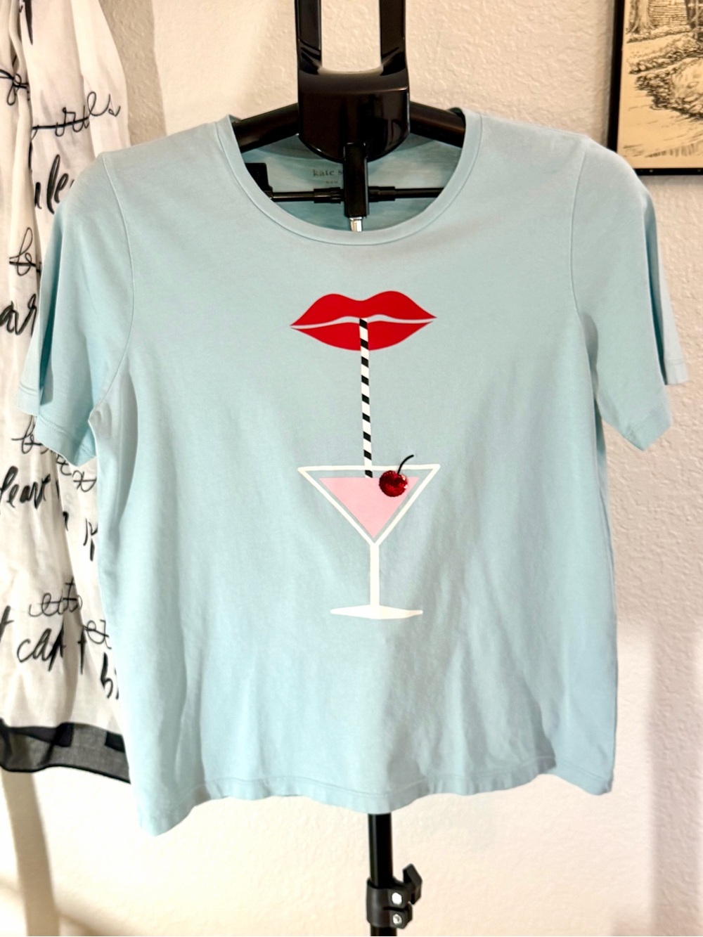 Kate Spade New York Martini Lips Graphic Tee Sequin Cherry Size M
